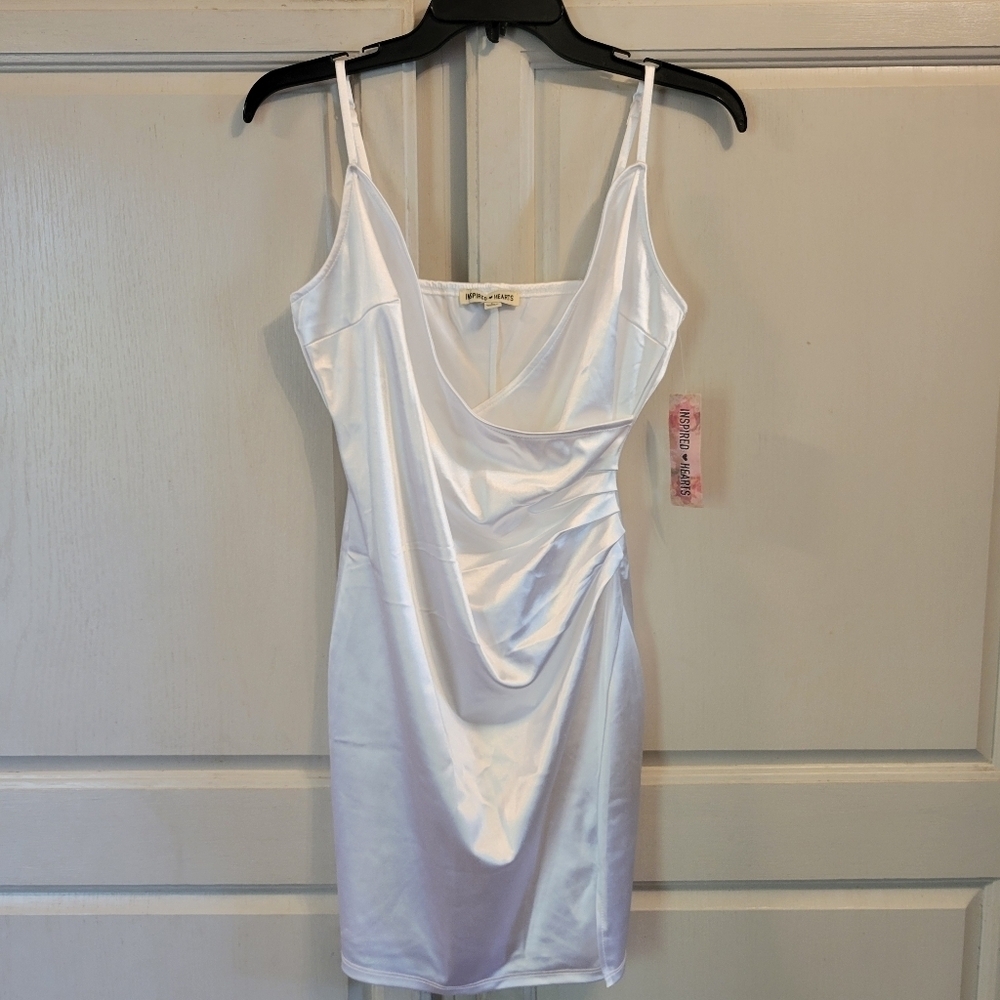 Inspired Hearts White Satin-like Faux Wrap Top Bodycon Dress